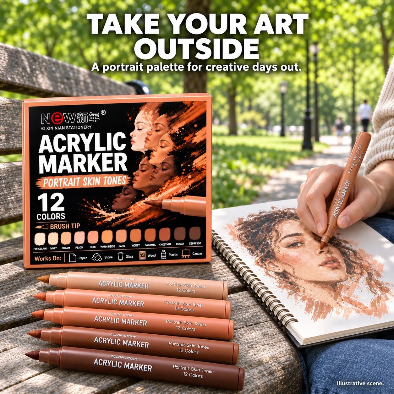 12-Color Acrylic Portrait Drawing Marker Soft Head Hand-Painted Pen for DIY Stone Wood Graffiti Art