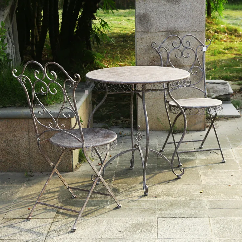 Outer order vintage distressed iron wrought outdoor table and chair set, garden courtyard balcony furniture, casual foldable