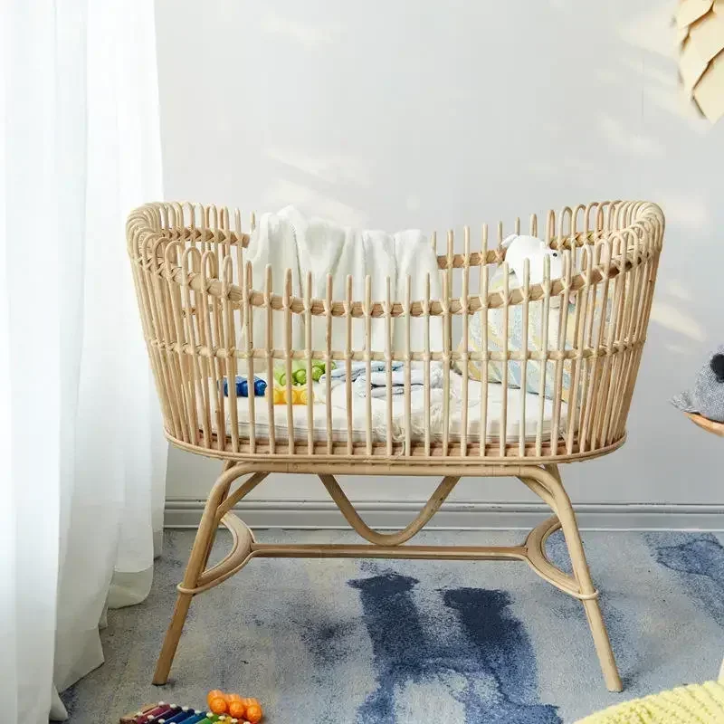 Rotan wieg, retro babybedje, natuurlijk rotan meubilair, ongeverfd Europees handgemaakt wiegje, licht luxe babybedje voor baby's en kinderen