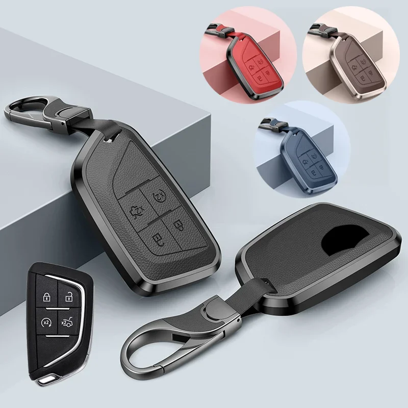 

Aluminum Alloy Leather Car Remote Smaer Key Fob Case Cover Holder With Keychain For Cadillac Escalade CT4 CT5 CT6 XT6 ATS ESV