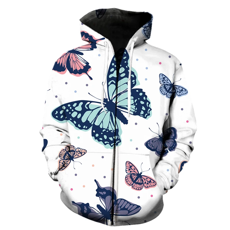 New for Fall / Winter 2021！ 3D Printed Men's Exquisite cartoon butterfly pattern Zipper Streetwear Round Neck Popular Hooded