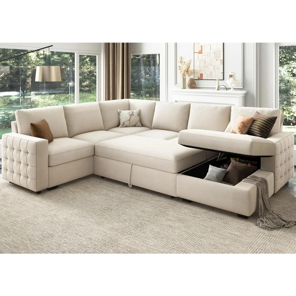 Sleeper sectional sofa with Storage Chaise U Shaped Sectional Couch,Velvet  Beige with Pullout Bed,Living Room Sofas.