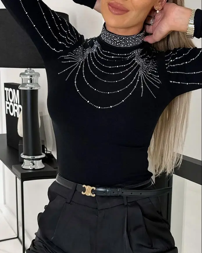 T-shirt moda donna camicette 2022 strass Decor Mock Neck Top pullover autunno abiti donna autunno inverno abbigliamento femminile