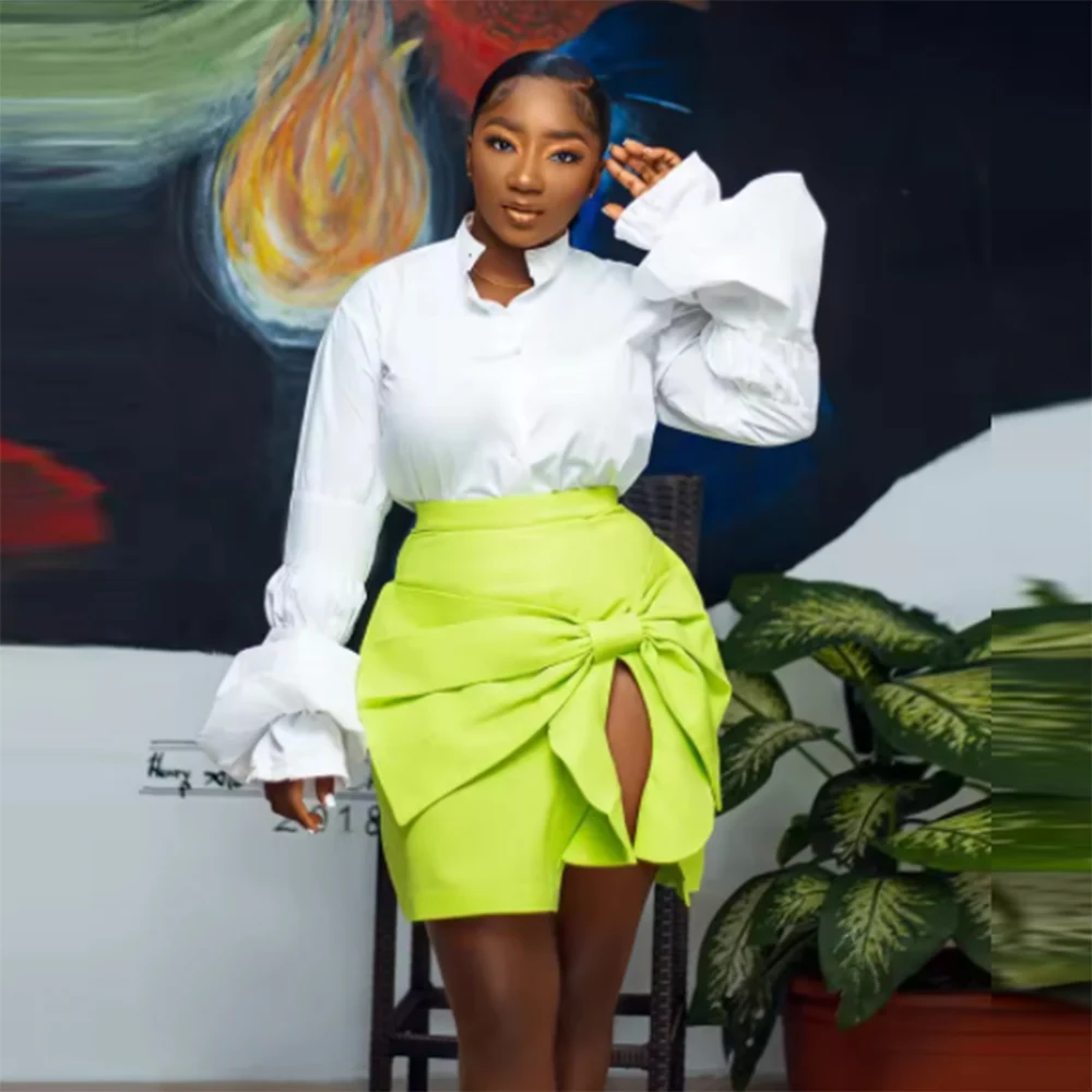 

Green Satin Short Skirt With Big Bow Sexy Side Split Pencil Skirts High Waist Above Knee Black Girls Lady Skirt Custom Color