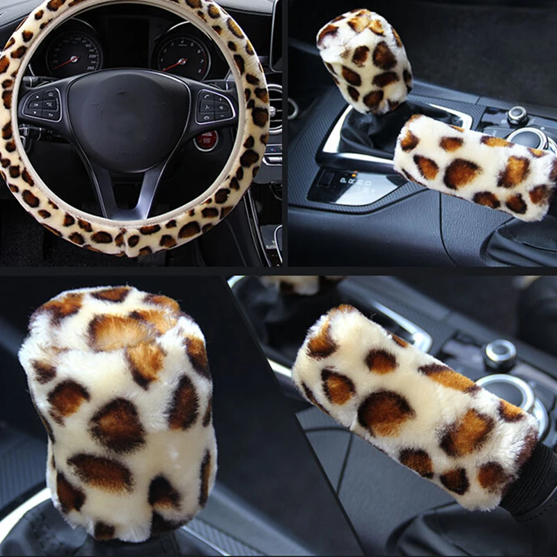 NEW 1/3Pcs/set Fashion Leopard Printed Steering Wheel Cover Hand Brake Gear Protective Cap for Car Auto Accessories