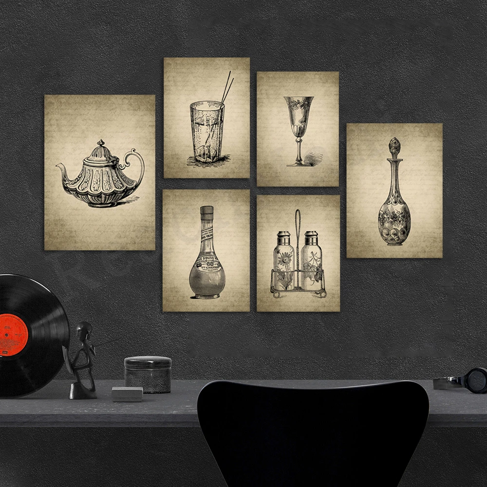 Vintage wine glass, teapot, antique cutlery, fish on fork wall, salt and pepper, glass of drink, olive oil, kitchen decor poster