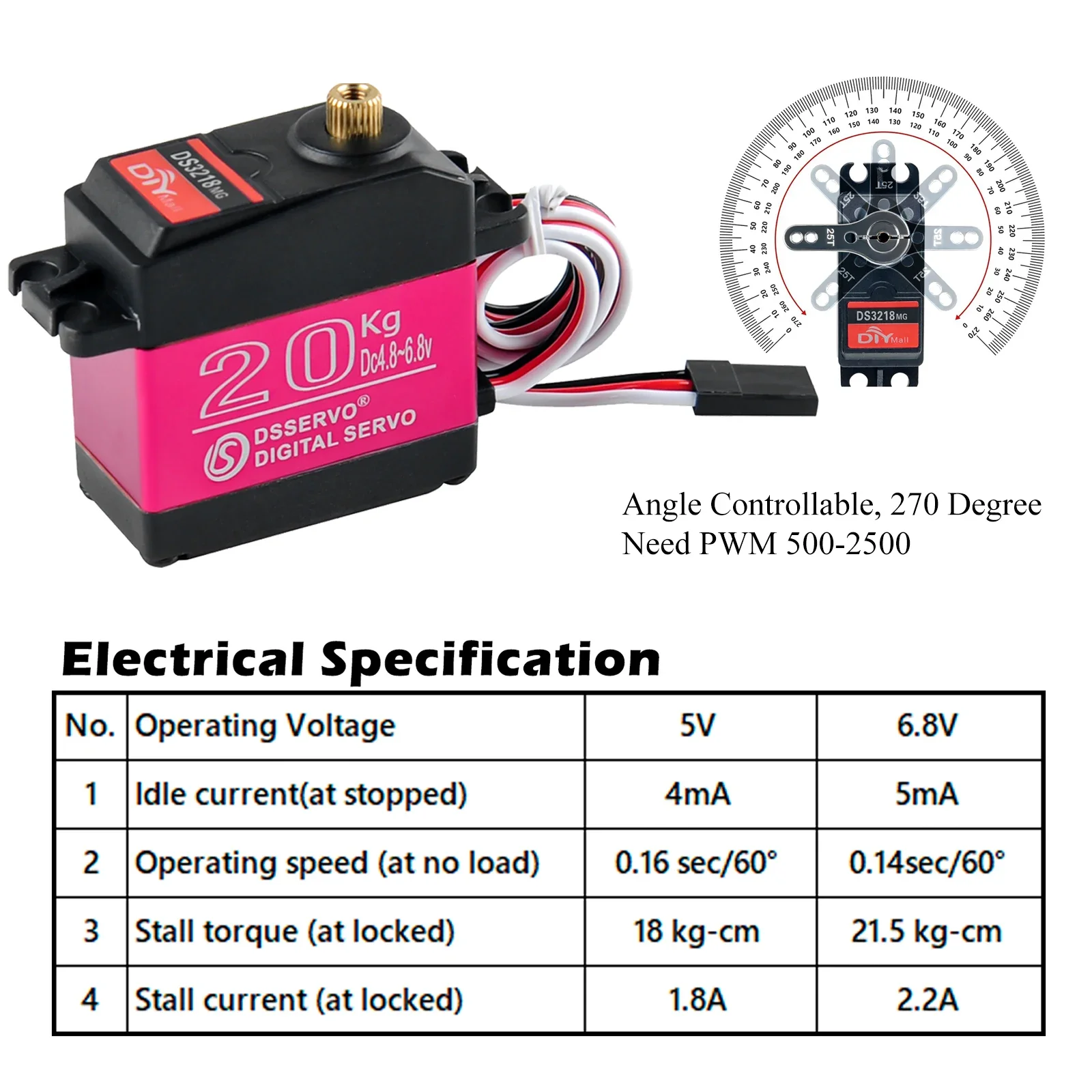 Ds3218 Waterdichte Servo 20Kg 180 270 Graden Hoge Snelheid Servo Metalen Versnelling Digitale Servo Rc Servo Voor 1/8 1/10 Schaal Rc Auto 'S