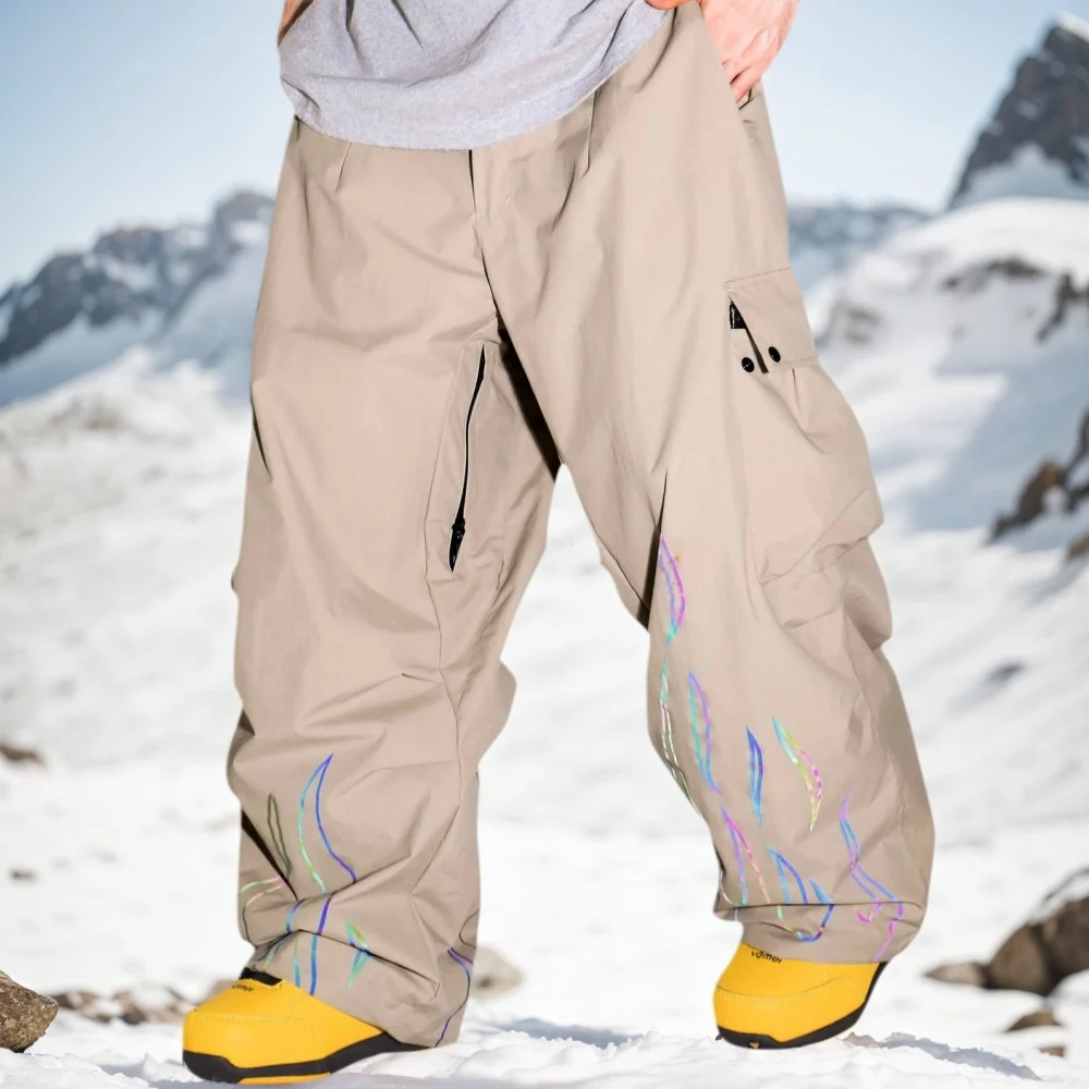 GSOU SNOW Reflective Flame Pattern Ski Pants Men Baggy Snowboard Trousers Outdoor Warm Sports Clothes Waterproof Loose Britches