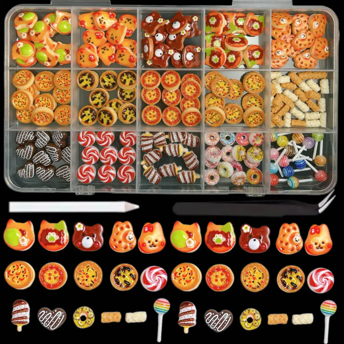 

1 коробка Kawaii, имитация конфет, десерта, подвески для ногтей, милое смоляное печенье, пицца, украшение для дизайна ногтей, чехол для телефона, аксессуары для маникюра «сделай сам»