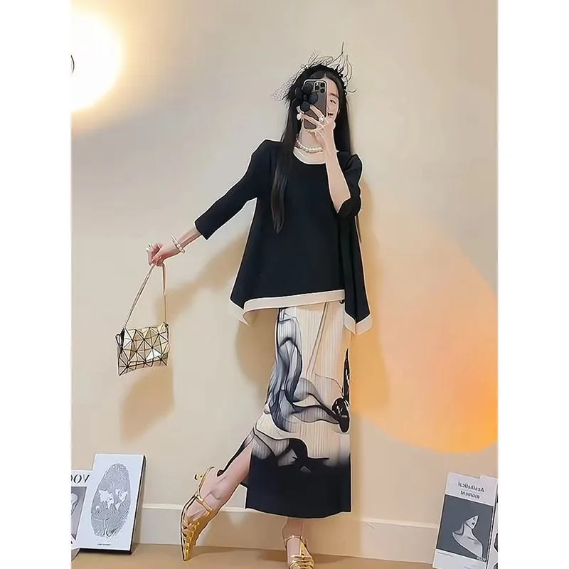 Summer Women's Skirt Two-Piece Set Ink Wash Print New Arrival Minimalist Loose Fit Fashionable Slimming Niche Versatile Casual