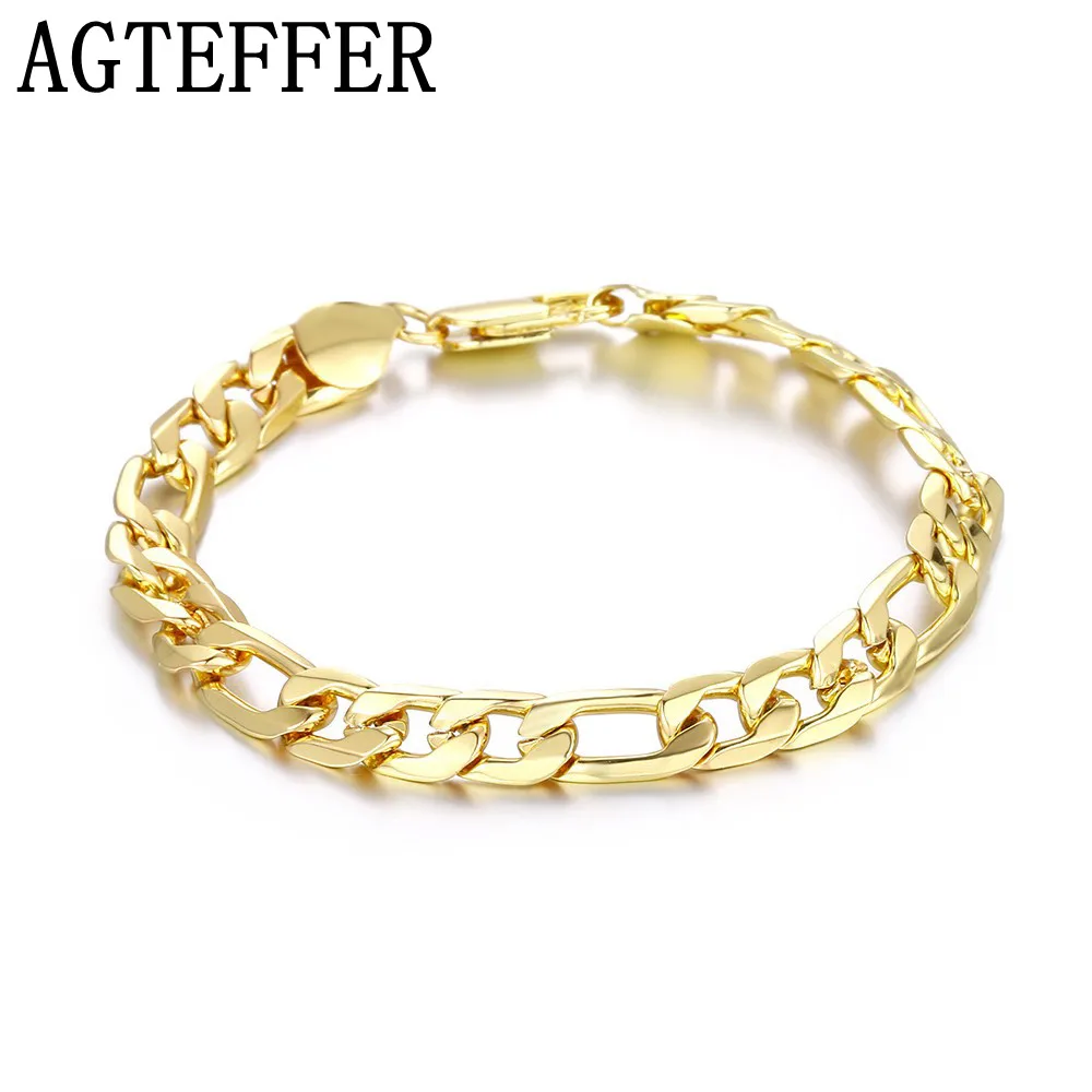 AGTEFFER 8 Inch Silver Color 8MM Gold/Silver Full Side Figaro Chain Bracelet For Woman Man Fashion Wedding Jewelry Gift