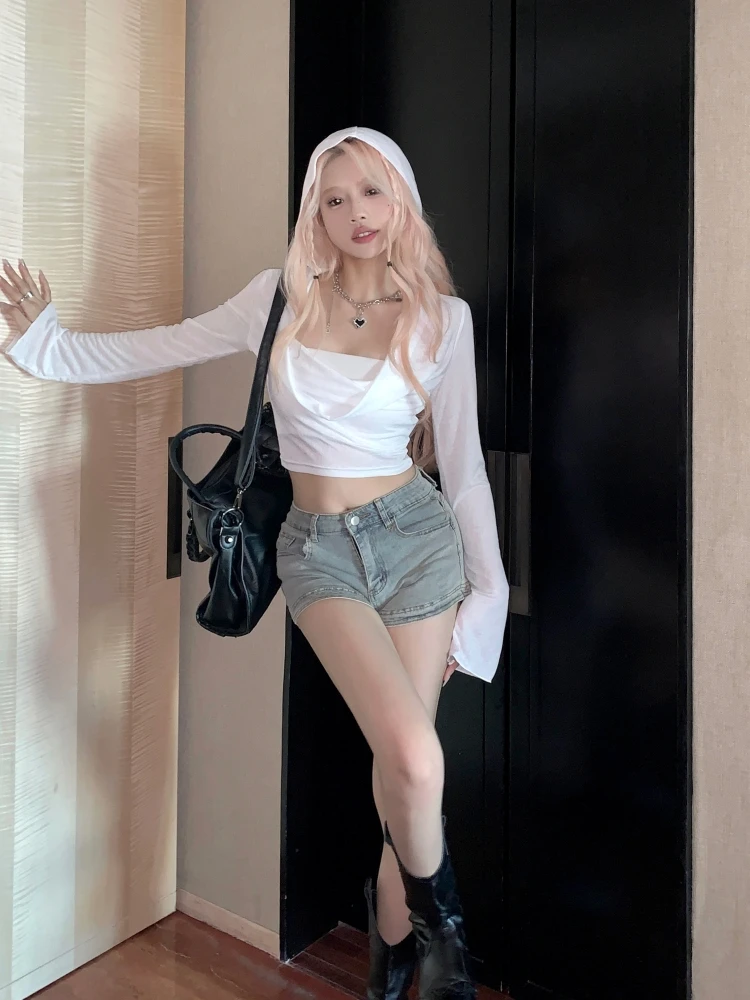 Hot Girl White Long Sleeve Hoodie T-Shirt Women Summer 2023 New Style Belly Baring Short Design Sensation Sunscreen Top