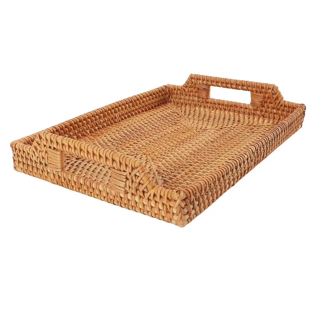 Woven Fiber Tray with Handles Side Handles Woven Craft Decorative Tray Lightweight Rectangular Food Platter Picnic