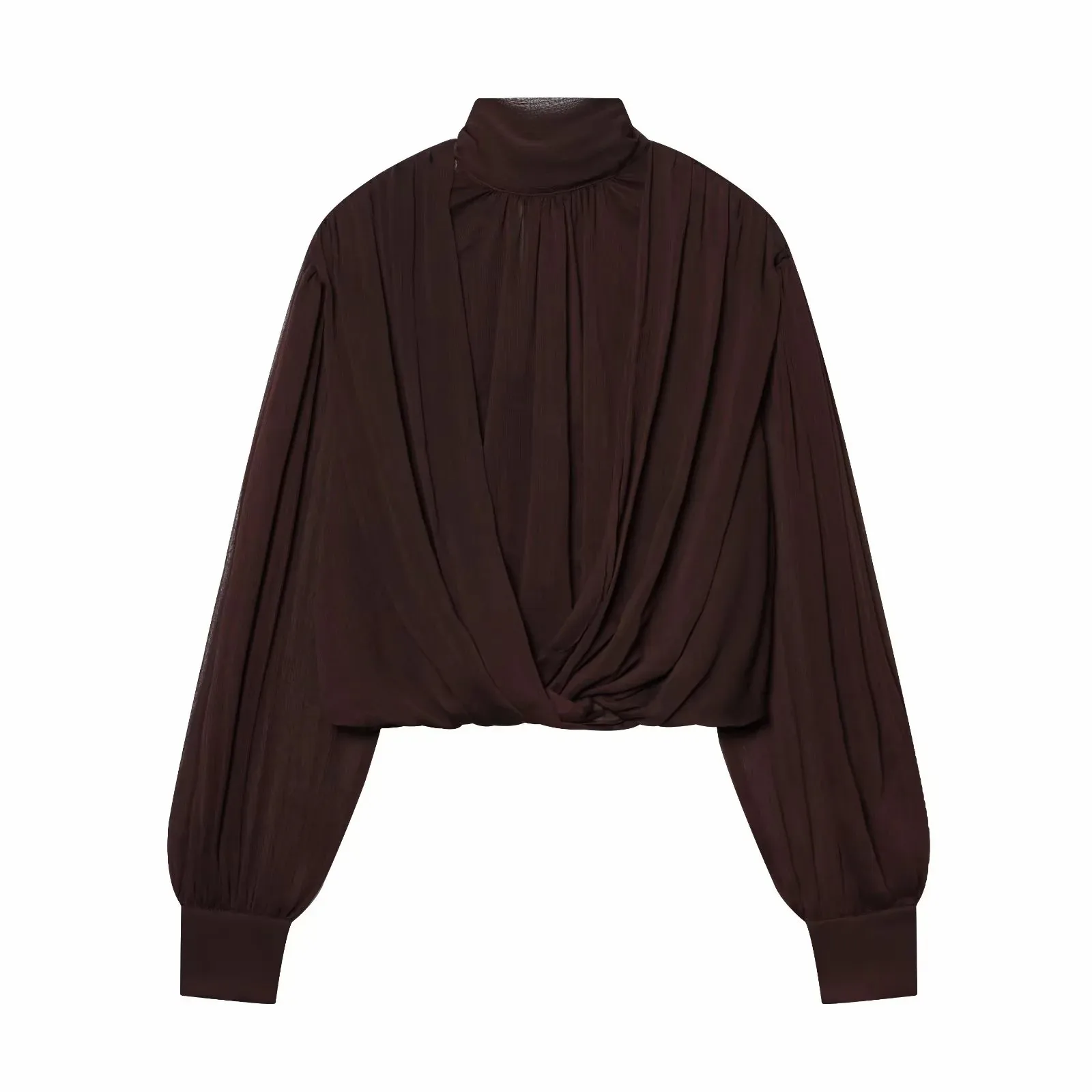 Damen Perspektiv-Hemden und -Tops: Modische, lockere, langärmelige, elegante Frühlingsblusen mit schickem Stehkragen für Frauen – Detail 10