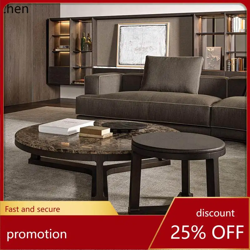 

HXL Coffee Table High-End Marble Living Room Round Solid Wood Tea Table Set