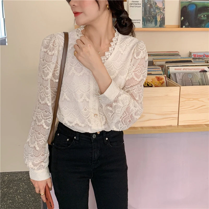 Ele Geborduurd Kant irt Dames Uniek Ontwerp Bubble Long Sve V-Ne Top Zomer Faion Koreaanse Sle Loose Fit