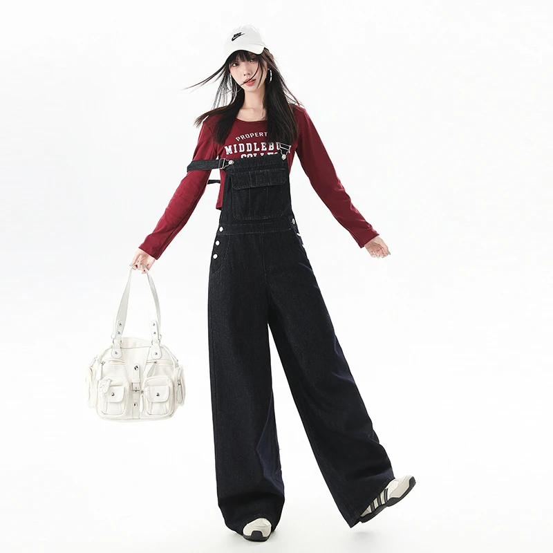 

Джинсовые синие комбинезоны с широкими штанинами в стиле ретро, женские модные ранние осенние новые повседневные свободные утягивающие цельные брюки