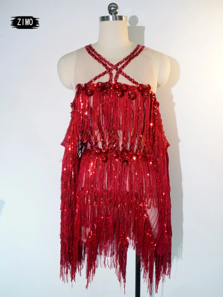 

Sexy 2024 red sequin tassel Dress for women mesh Stage Evening Celebrate birthday DS nightclub party Latin pole dance clothing