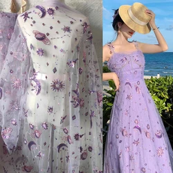 Quality Designer Fabric Purple Embroidery Gauze Dress Fabric Sequin Embroidery Lace Mesh Cloth Background Decoration Material