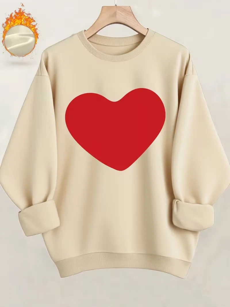 Fashion Graphic Love Heart Print Hoodies Womens Warm Fleece Y2k Sweatshirt O-Neck Pullover Casual Street Hoodies