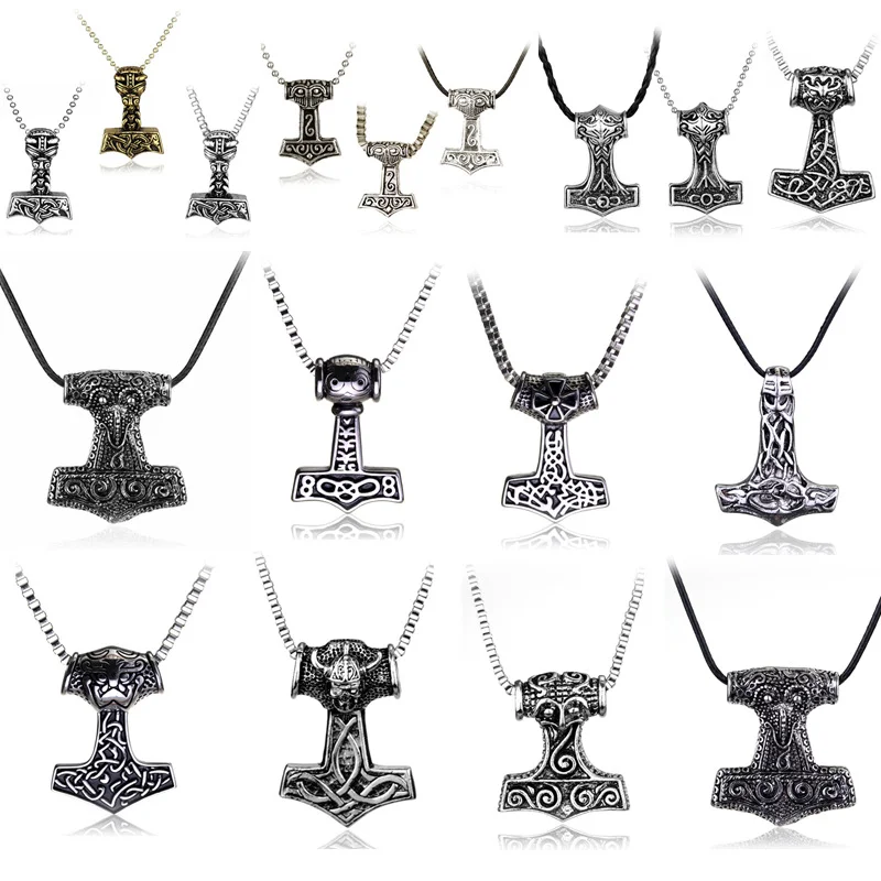 Vintage Retro Norse Viking Necklaces Key Buckle Rock Punk Thor Mjolnir Hammer Pendant Scandinavian Rune Nordic Amulet Jewelry