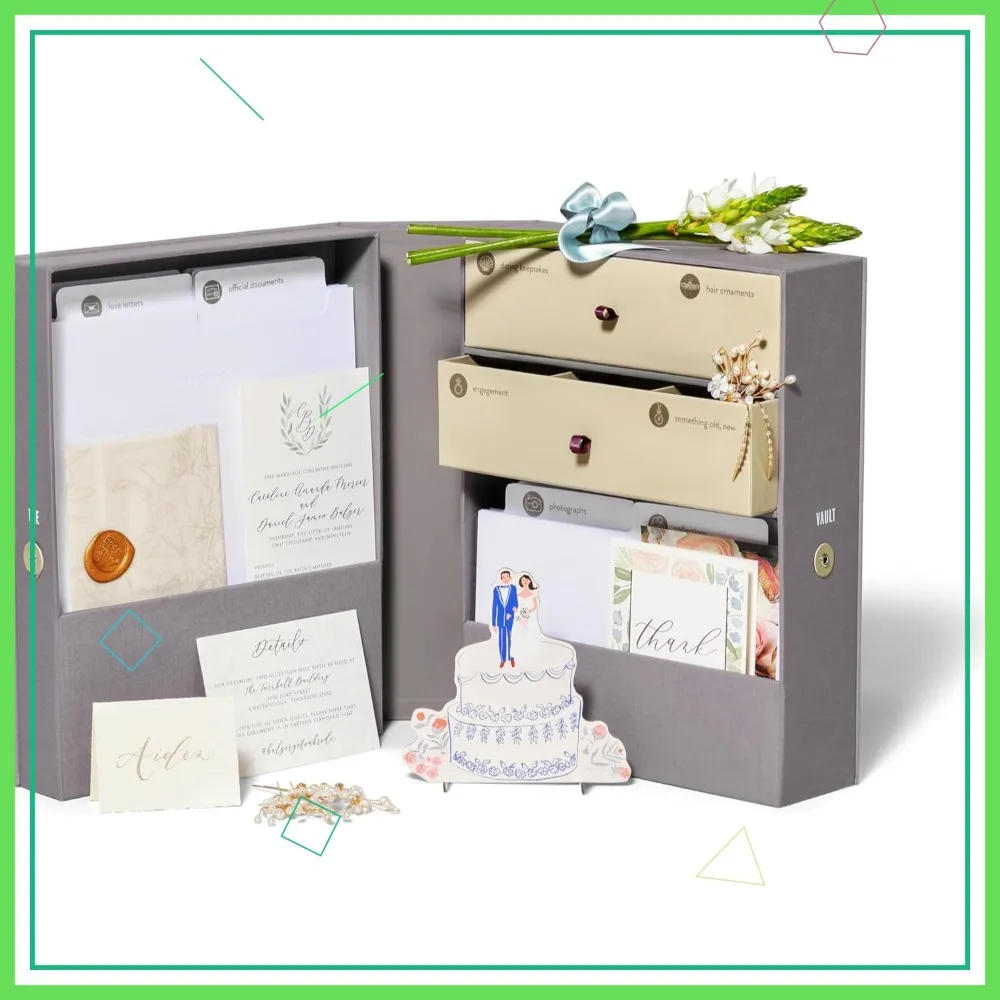 

Wedding Keepsake Box - Memory Storage with 52 Labels & 10 Folders, Elegant Design, Slate