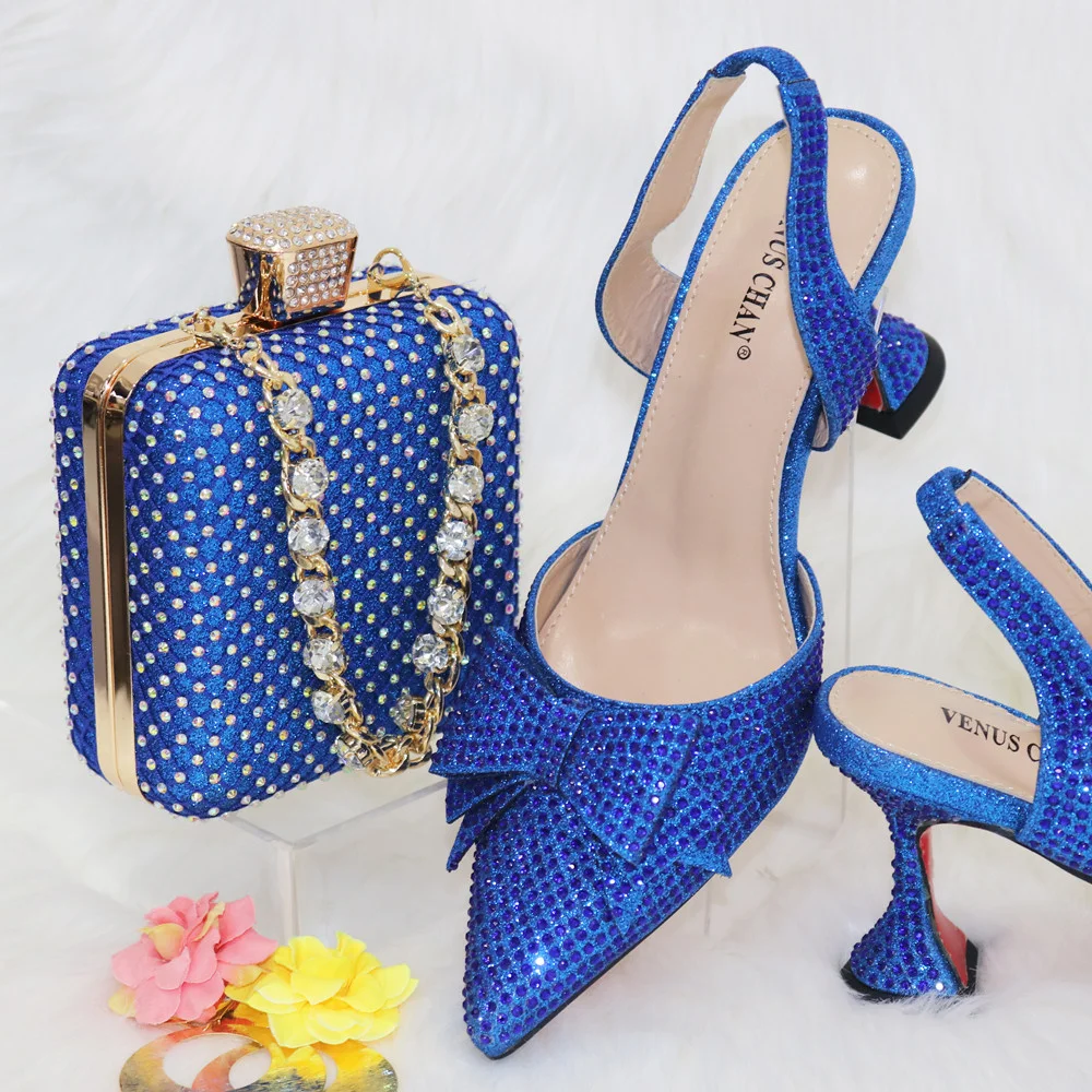 Venus Chan Gold 2024 Heels for Women Pointed Toe With Bows Gold Color Rhinestone  Elegant Party Wedding Shoe and Bag Set