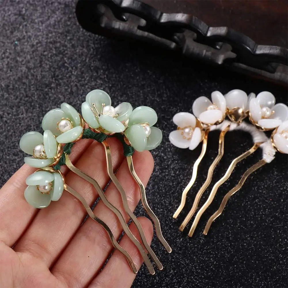 Chinese Sweet Flowers Pearl U Shape Hair Stick For Women Girl Elegant Temperament Hair Fork Hanfu Hairpin Fashion Headwear