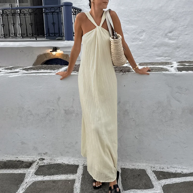 FB-Beige بلا أكمام الرسن الرقبة شاطئ عارضة Dress2025Summer أزياء جديدة بالجملة فستان طويل للنساء
