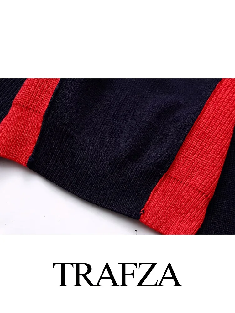 TRAFZA 2024 Female Y2K Pullover O Neck Crop Top Women Long Sleeve Fashion Patchwork Knit Sweater Spring Red Black Slim Short