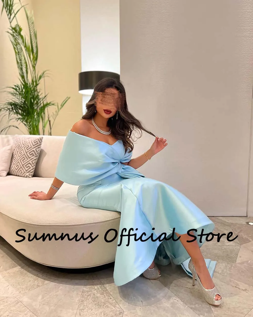 Sumnus-vestidos de noche de sirena de satén azul cielo con chaqueta para mujer, elegantes vestidos formales hasta el tobillo, vestidos de fiesta de boda árabes