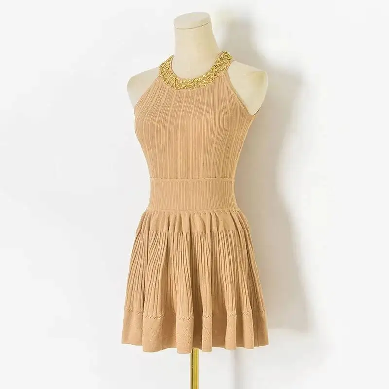 

Женское вязаное хлопковое платье с круглым вырезом без рукавов и бисером, платья трапециевидной формы