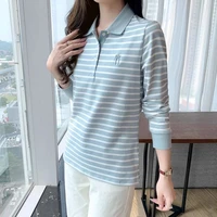Women’s Striped Polo Shirt 100% Cotton Long Sleeve Slim Fit Lightweight Top Autumn Elegant Collar Casual Versatile New Arrival​ - Image 4