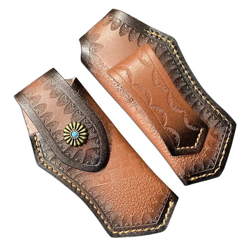 

1Pc Printed Blue-Buckle Cowhide Knife Sheath High Quality Brown Leather Waist Knife Scabbard Foldable Outdoor Tool Sheath Pocket