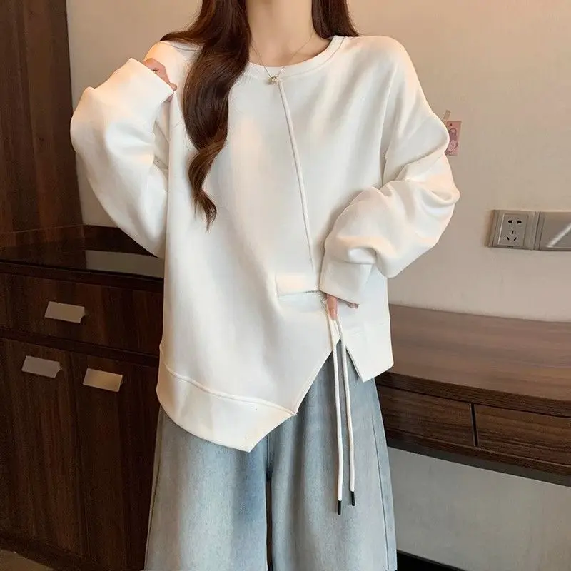 Women\'s Clothing Korean Irregular Pullovers Solid Color Basic Spring Autumn Chic Asymmetrical Spliced Casual Loose Sweatshirts