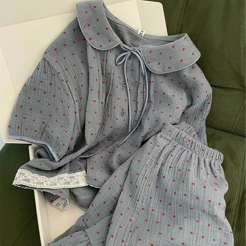 

Милый женский пижамный костюм, мягкий свободный удобный кукольный воротник, кружевные шорты с короткими рукавами, комплект из 2 предметов, синий повседневный милый домашний костюм