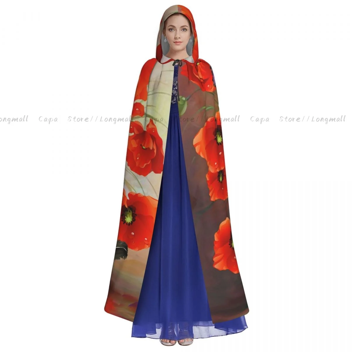 Adult Halloween Poppies Vase Art Cloak Cape Hooded Medieval Costume Full Length Dress Coat