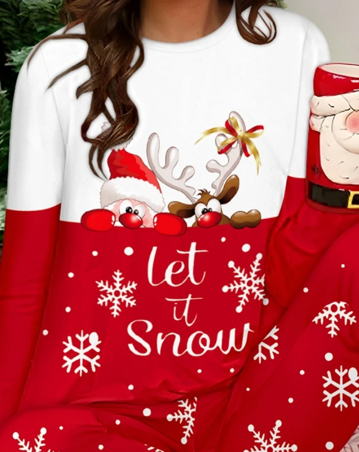 Winter New Fashion Homewear Outfits 2 Piece Christmas Let It Snow Cartoon Print Crewneck Pullover Top & Casual Pants Pajamas Set