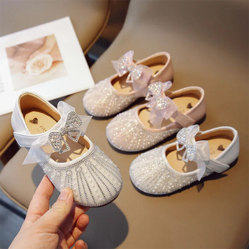 

New Children's Wedding Shoes Girls Bling Princess Mary Janes Shoes Big Bow Dance Performance Shoes Crystal Leather Shoes 288R