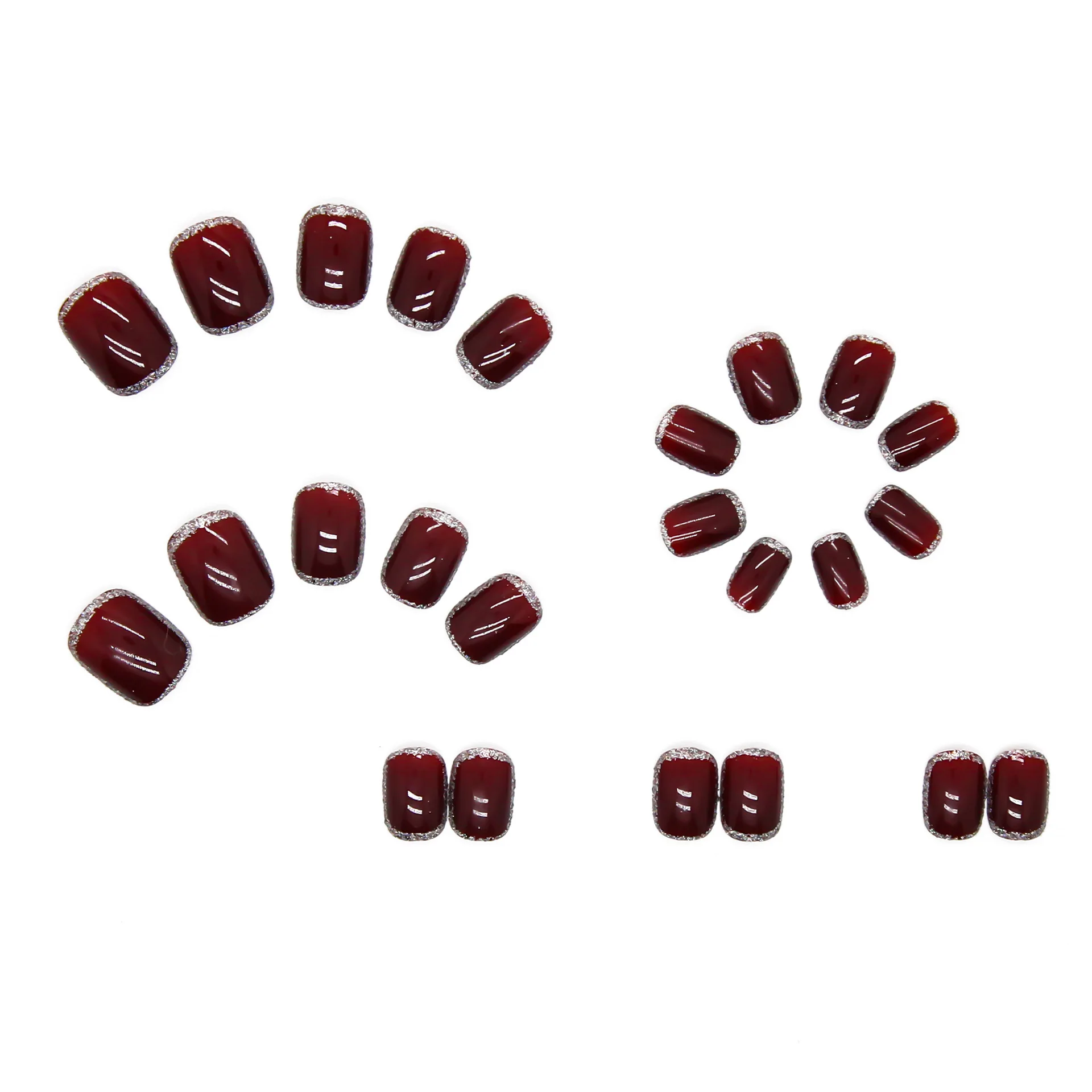 Brilhante unha falsa quadrada curta com adesivo, unhas falsas francesas clássicas, dicas de cobertura completa DIY, ferramenta de manicure, vinho vermelho, 24pcs