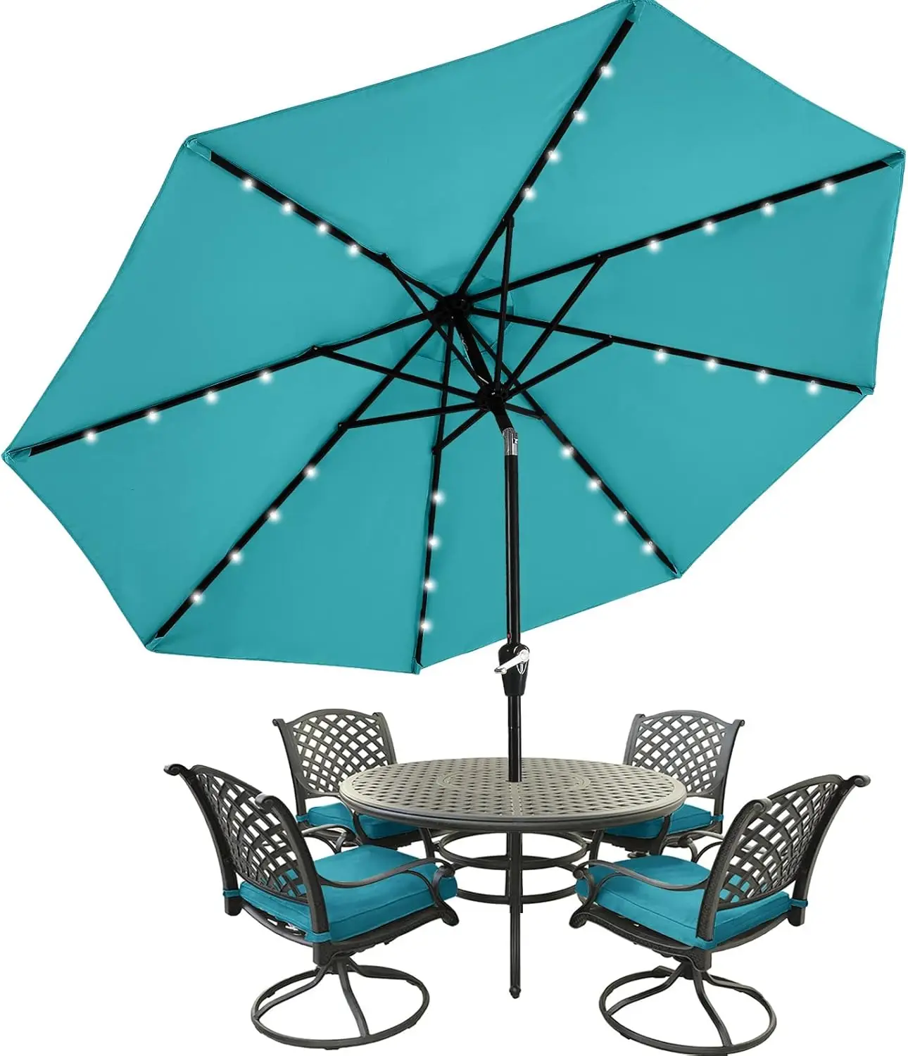 

9ft Turquoise Patio Umbrella with 32 Solar LED Lights and 8 Ribs for Outdoor Shade
