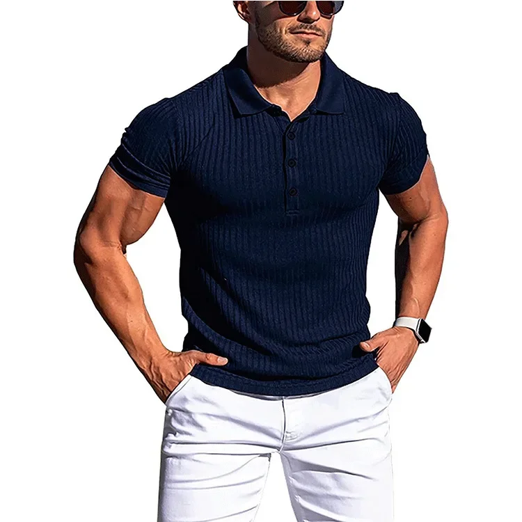 

2024 Brand New Men's Polo TShirts High Elastic Vertical Bar Sleeve Polo Shirt For Male Sports Tops Slim Fit Knit Tshirt