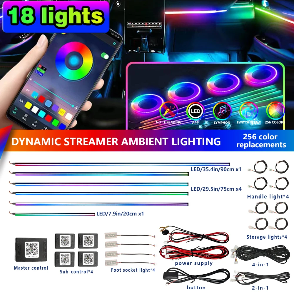 

18 в 1, симфоническое окружающее освещение для автомобильных аксессуаров, интерьерная RGB неоновая полоса, полноцветное украшение, комплект атмосферного освещения с помощью приложения