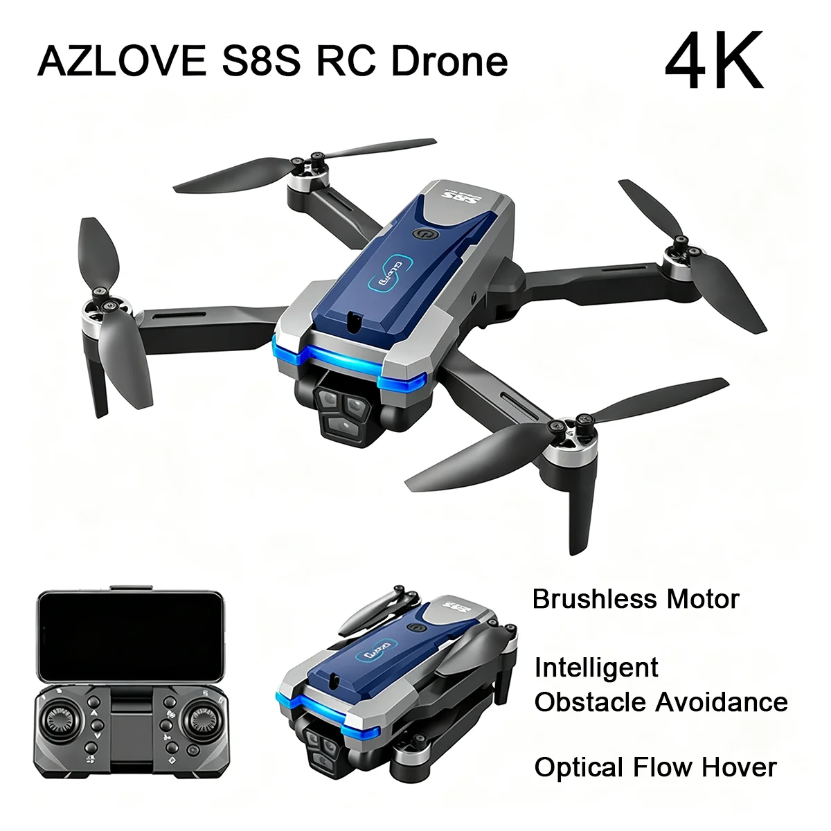 S8S RC Drone Profesional 4K HD Dual Camera Intelligent Obstacle Avoidance Optical Flow Hovering Brushless Quadcopter Folding Toy