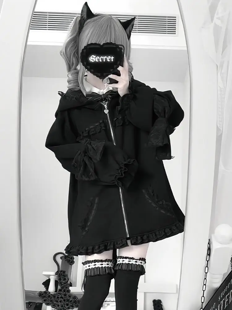 سترات هاراجوكو القوطية ذات الثقافة الفرعية باللون الأسود Y2k معطف أذن لطيف ورائع للنساء لربيع وخريف 2025 قطع علوية فضفاضة جديدة Mujer