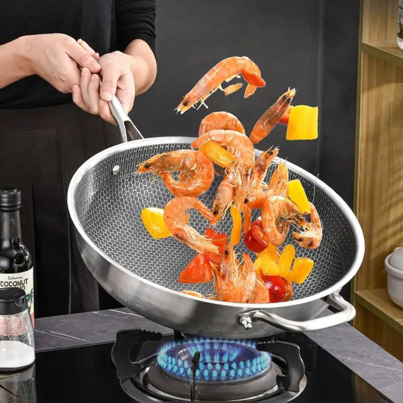 Stainless steel wok Honeycomb non-stick skillet Household wok induction cooker Gas cooker wok pan pan pan set view 6