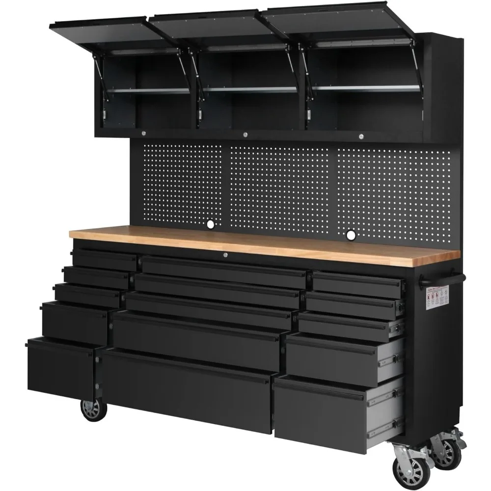 

72" Tool Chest Rolling Tool Box 15 Storage Drawers 3 Upper Cabinet Pegboard Large Toolbox with Wheels for Warehouse Basement