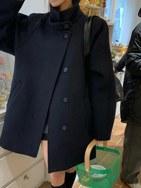 

Корейское зимнее шерстяное пальто с воротником-стойкой на одной пуговице, хлопковая женская верхняя одежда, модная одежда для поездок на работу