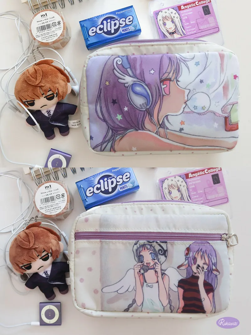 Rukawazx Cosmetic Storage Bag X Oliwa Co Branded Original Vintage Spliced Purple Green Anime Print Multi Purpose Organizer Pouch