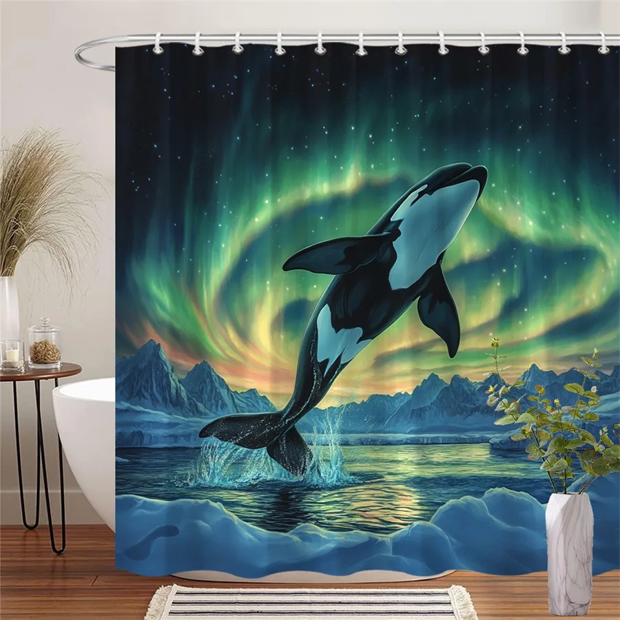 

1pc Orca Leaping from Icy Waters Shower Curtain - Vibrant Aurora Borealis & Snow-Covered Mountains Design, 70.86x70.86 Inch High